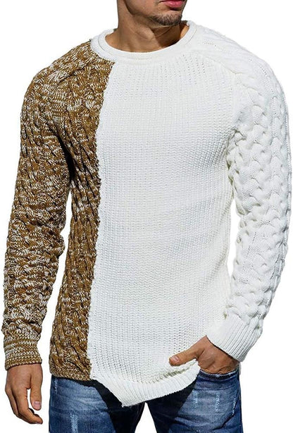 Herrenpullover zweifarbig, Strickmuster, braun-weiß, langärmelig, modisch, Freizeitkleidung.