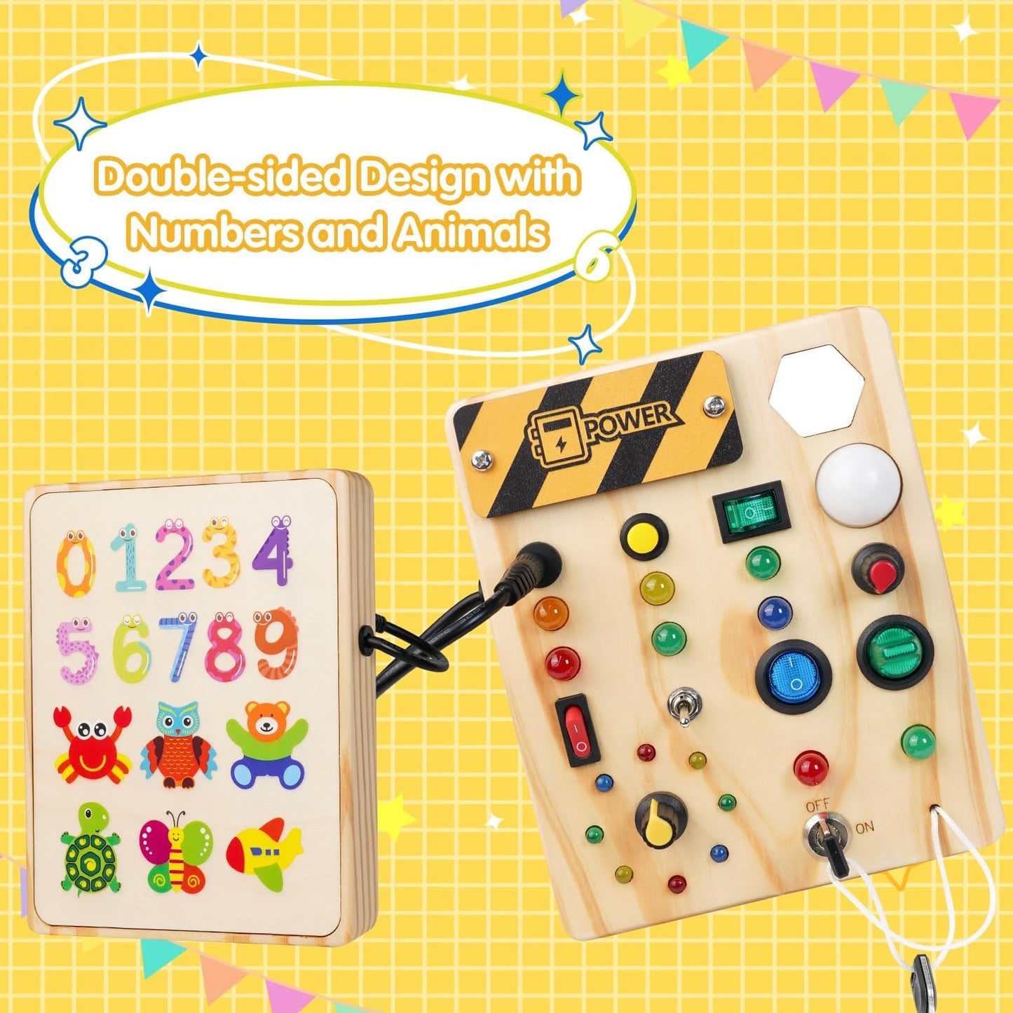 Holzspielzeug Busyboard für Kinder, doppelseitig, Zahlen und Tiere, Lernspielzeug.