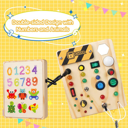 Holzspielzeug Busyboard für Kinder, doppelseitig, Zahlen und Tiere, Lernspielzeug.