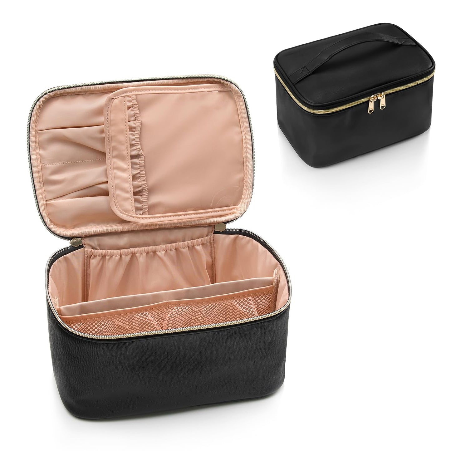Schwarze Kosmetiktasche mit Reißverschluss, Innenfächer, ideal für Reisen und Make-up-Aufbewahrung.