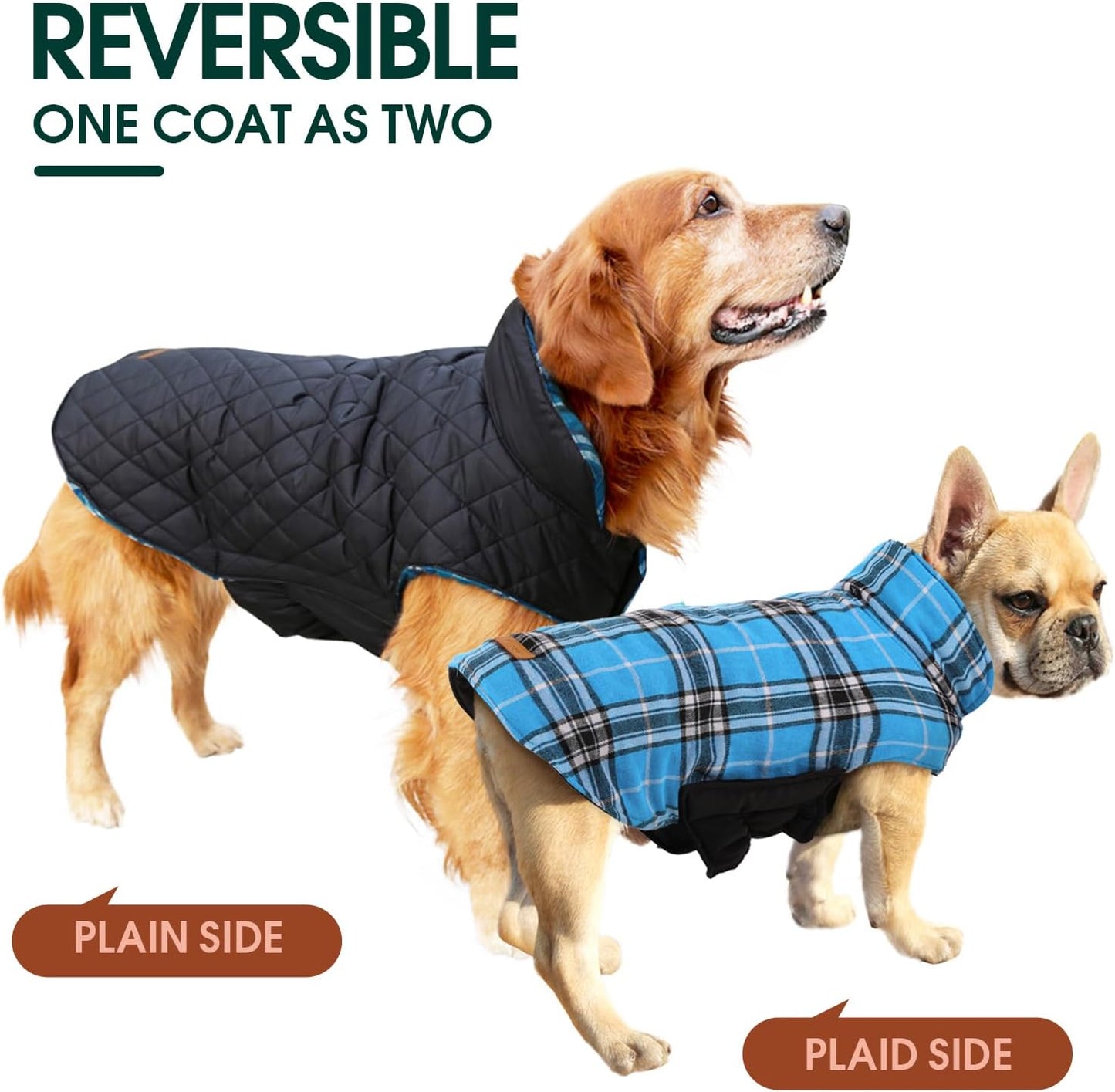 Wendbarer Hundemantel, schwarz und blau kariert, für große und kleine Hunde, wasserdicht.