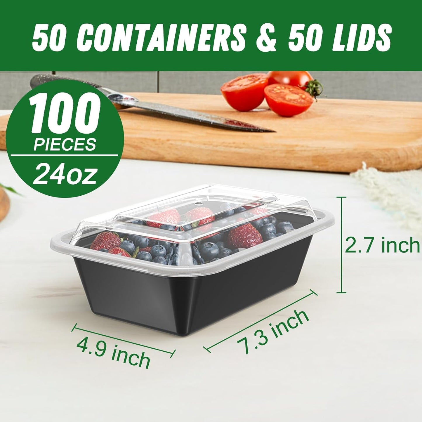 Schwarze Lebensmittelbehälter 24oz mit Deckel, 50er Set, stapelbar, für Meal Prep.