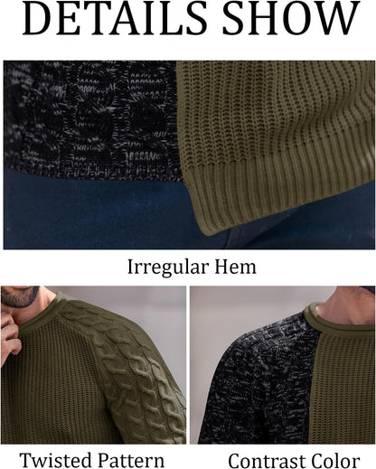 Grüner Strickpullover mit unregelmäßigem Saum, gedrehtem Muster, Kontrastfarbe, Herrenmode.