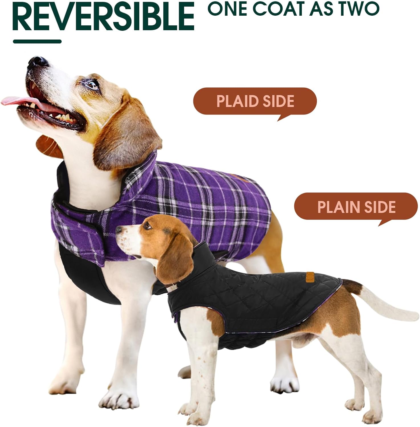 Wendbare Hundejacke, lila Karo und schwarz, warm, wasserdicht, für kleine bis mittelgroße Hunde.