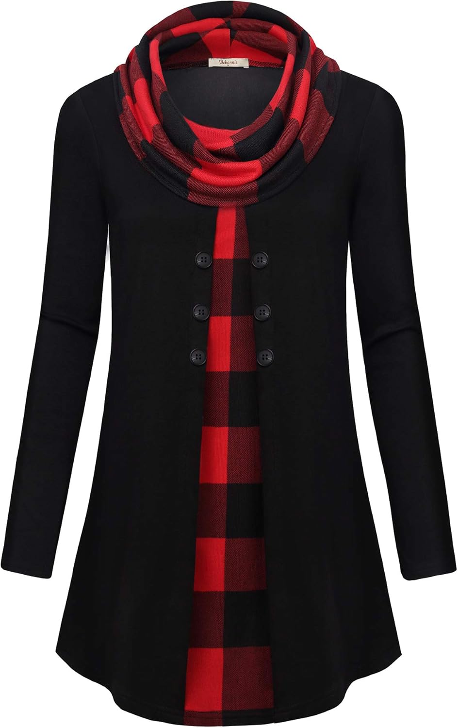 Schwarzes Damenkleid mit rot-schwarzem Karomuster und Knöpfen, elegantes Design, Herbstmode.