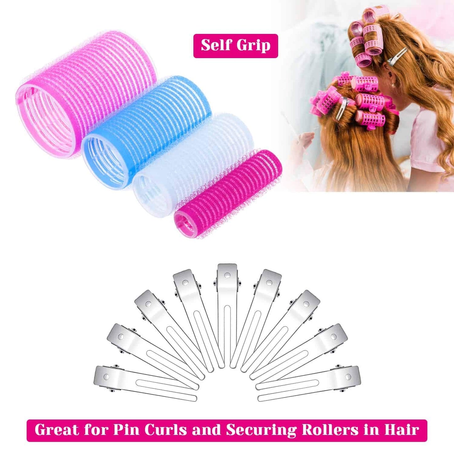 Selbsthaftende Lockenwickler Set, pink und blau, für voluminöse Locken, Haarstyling Zubehör.