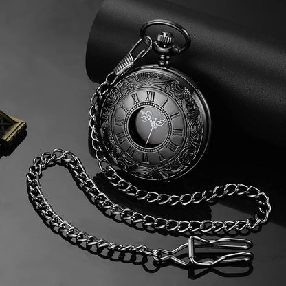 Antike Taschenuhr aus schwarzem Metall mit Kette, römischen Ziffern, Vintage-Design.