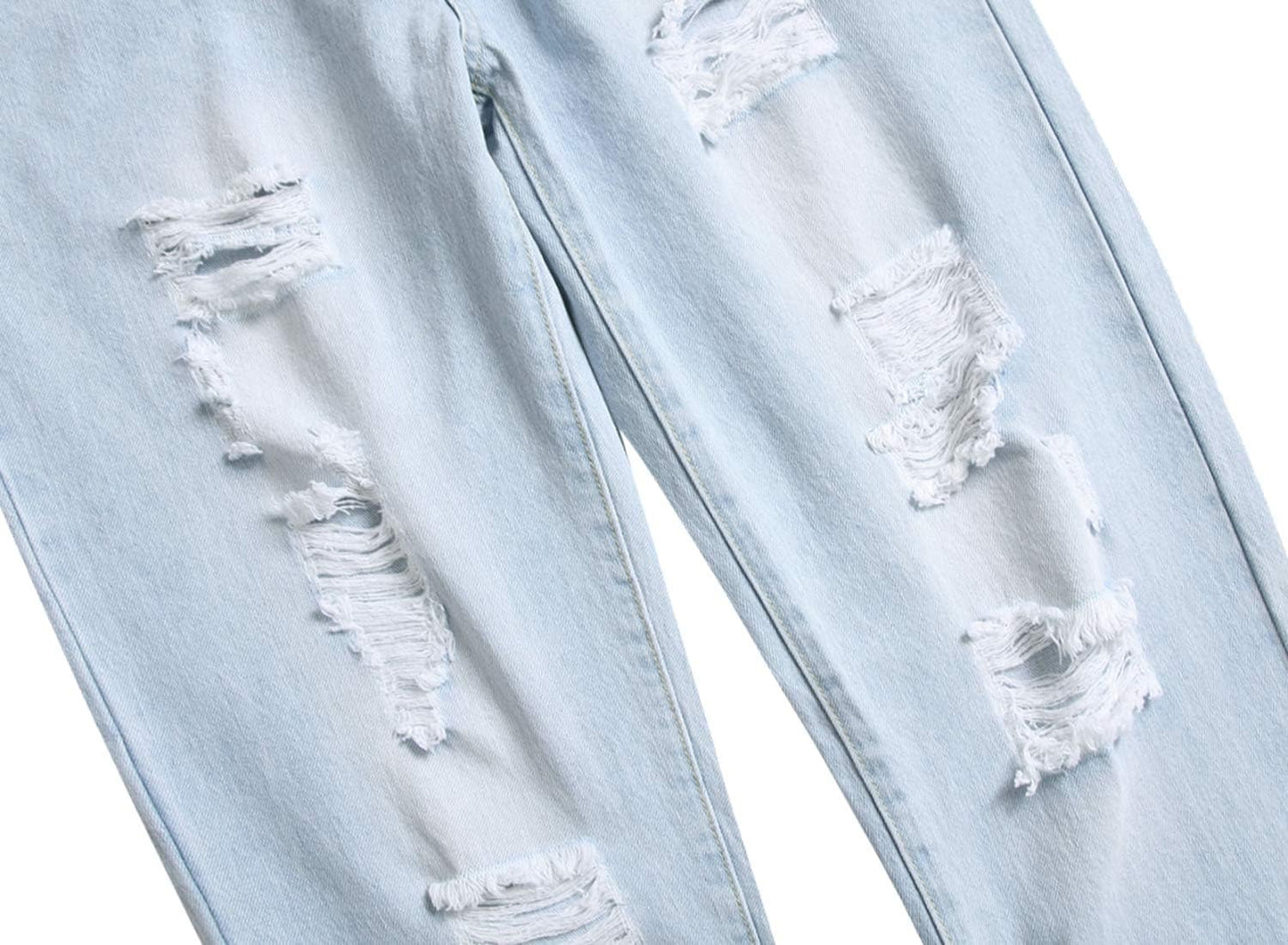 Zerrissene hellblaue Jeans, Damenmode, Denim, modische Risse, lässiger Stil.