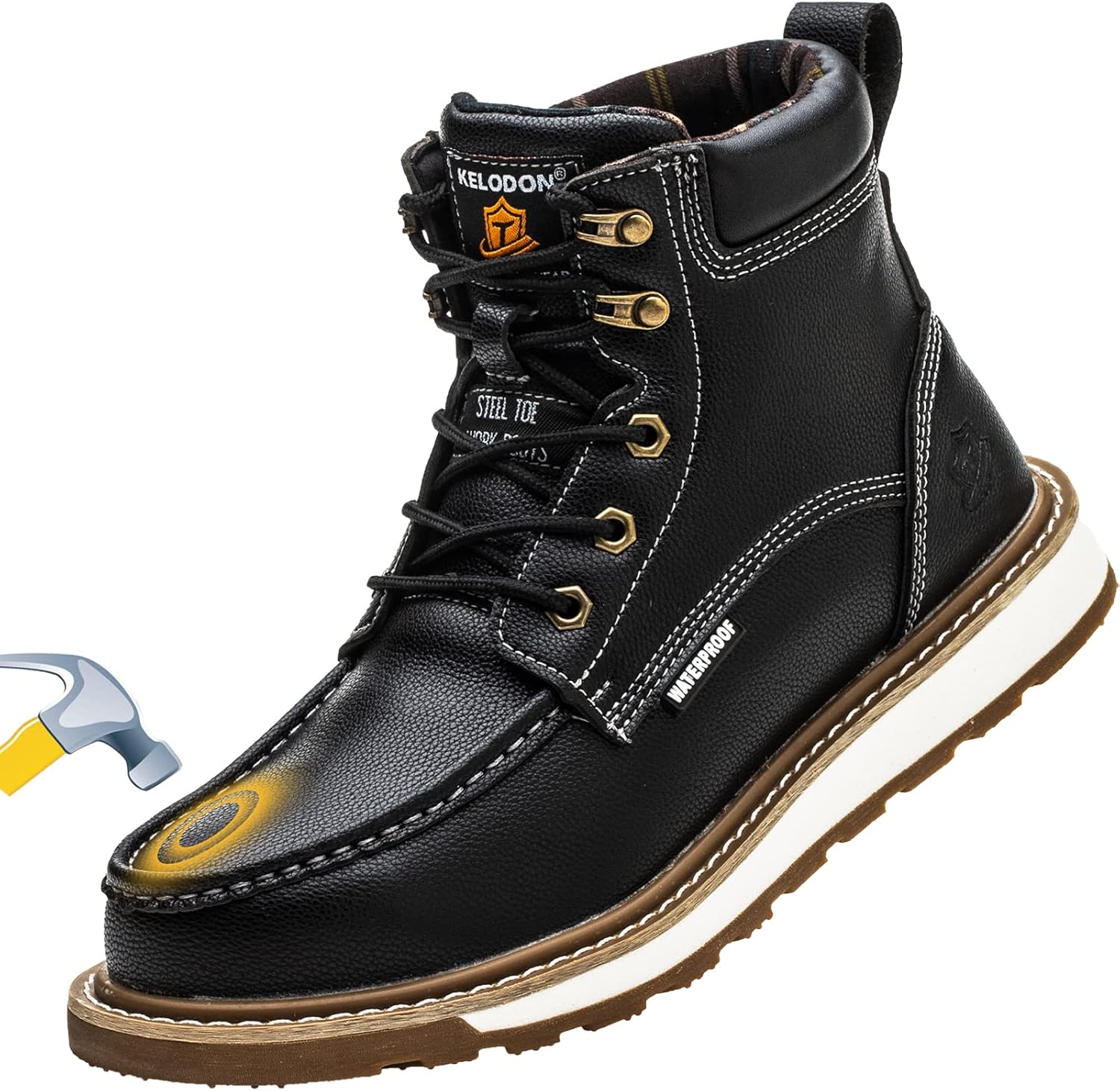 Schwarzer Herren-Arbeitsstiefel aus Leder mit Stahlkappe, rutschfest, robust, langlebig.