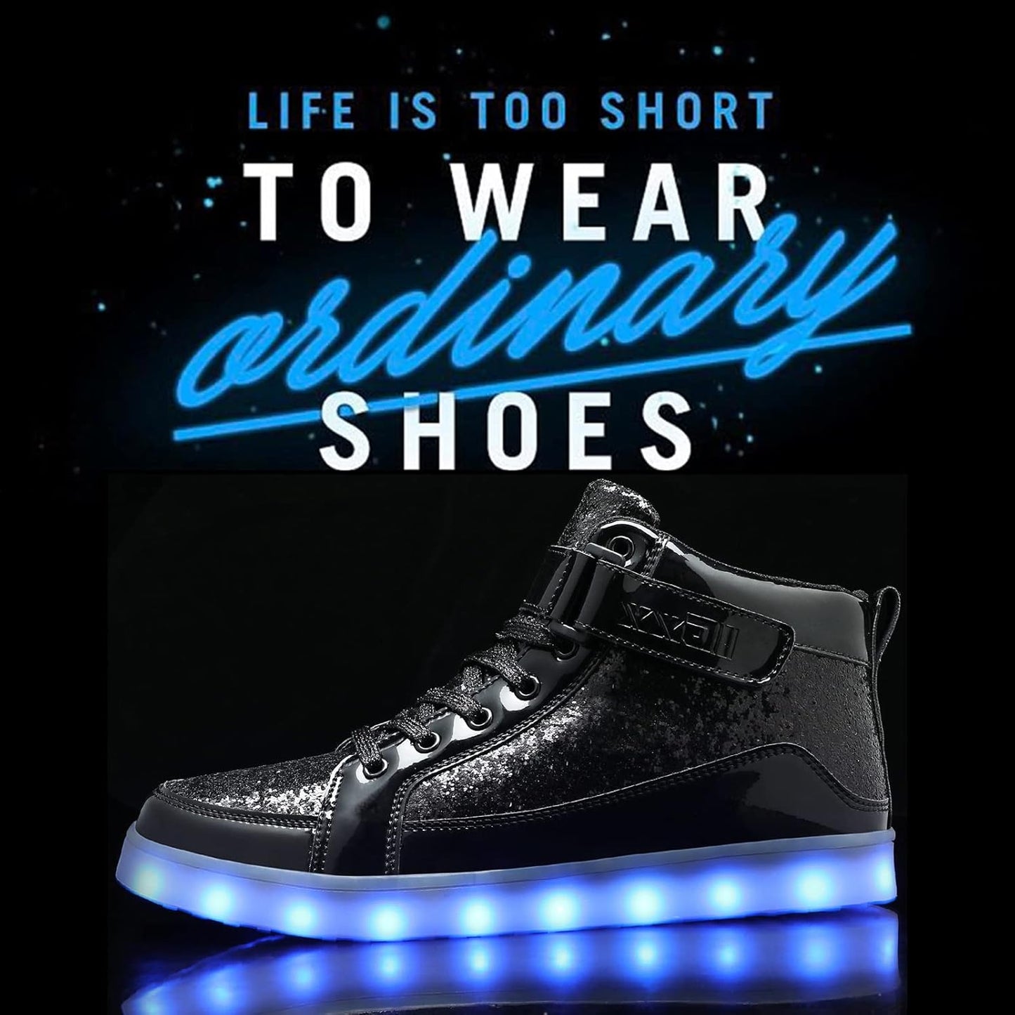 Schwarzer LED-Sneaker mit leuchtender Sohle, modisch, auffällig, für Partys und Events.