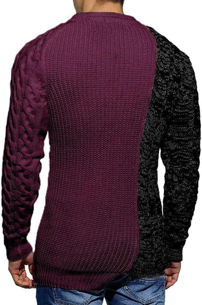 Zweifarbiger Herrenpullover, lila und schwarz, Strickmuster, modisch, Rückansicht.