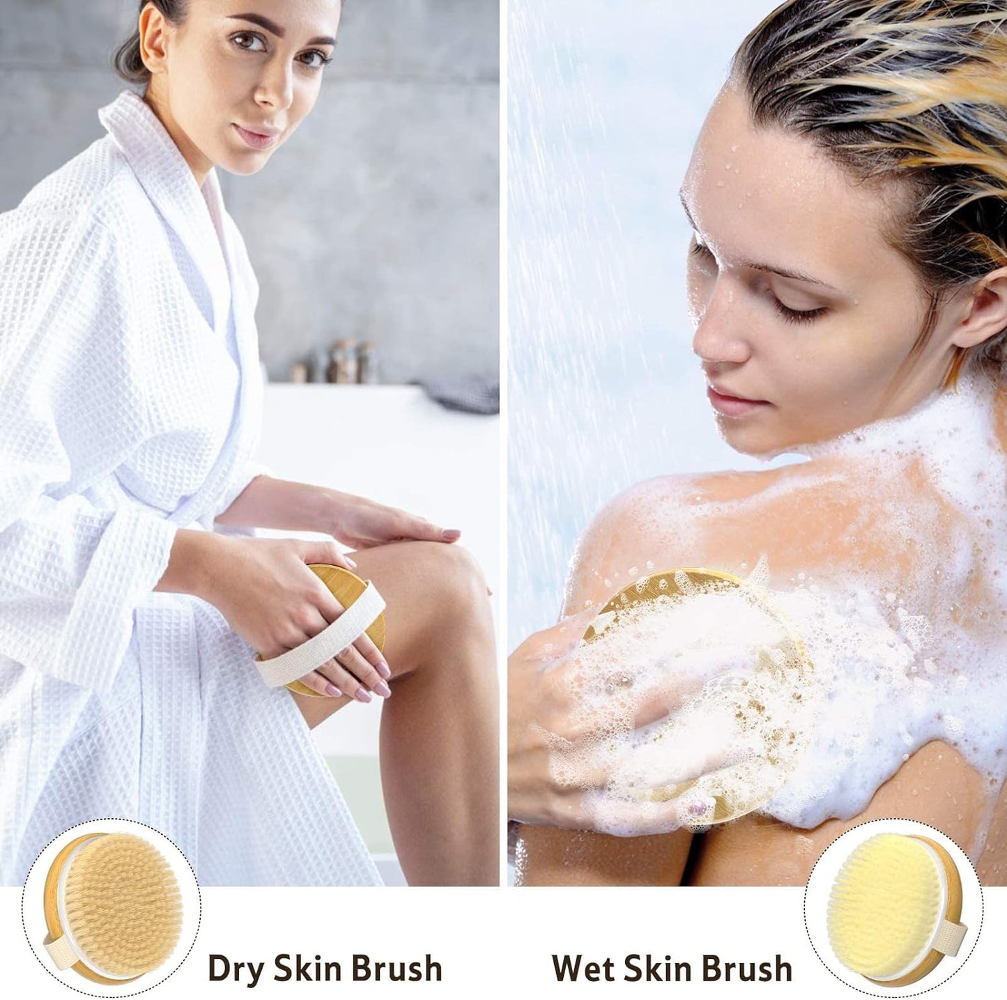 Frau benutzt Trockenbürste und Nassbürste, Körperpflege, Hautpeeling, Wellness, Badezimmer.
