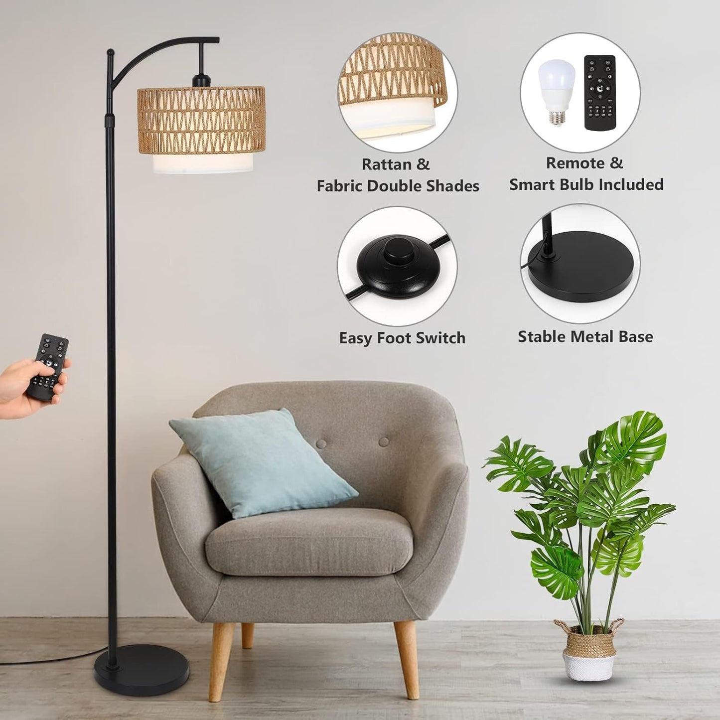 Bågformad golvlampa med fjärrkontroll och dubbla lampskärmar – Norvella