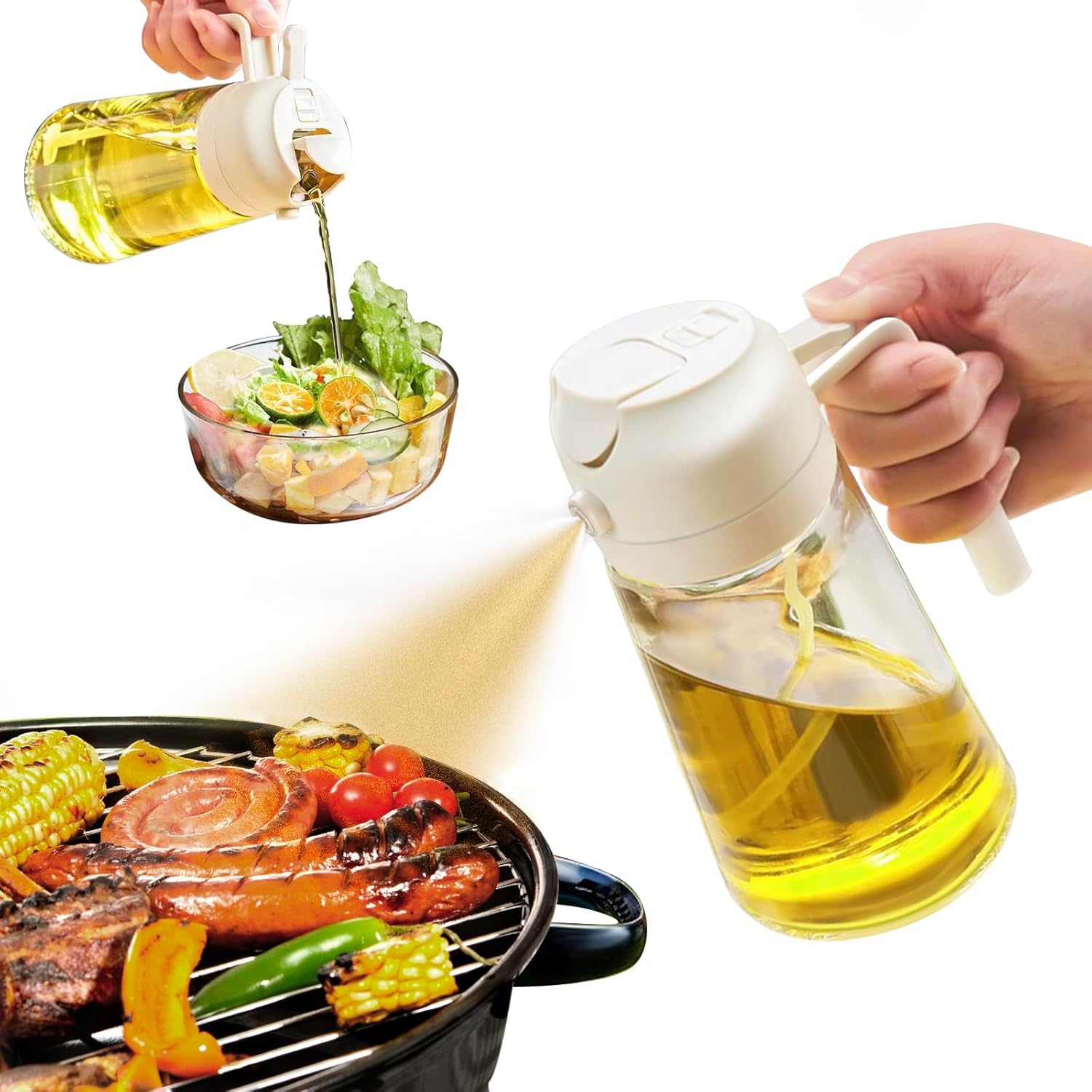 Ölspender aus Glas mit weißem Deckel, ideal zum Grillen und für Salate.