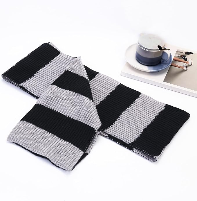 Schwarz-grauer gestreifter Schal aus Wolle, modisches Accessoire, Herbst-Winter, unisex.