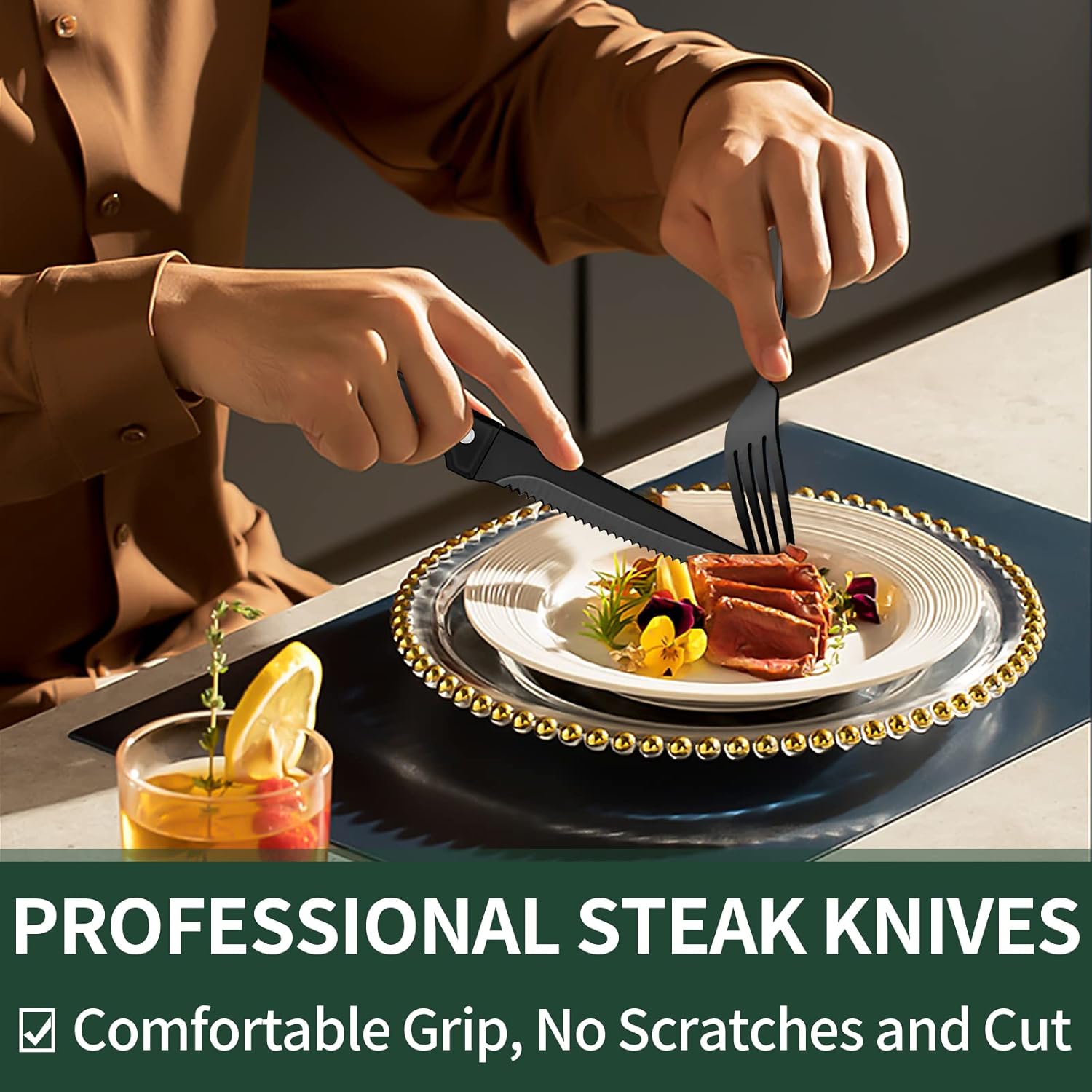 Professionelle Steakmesser, schwarzer Griff, Edelstahl, komfortabler Halt, kratzfrei, schnittfest.