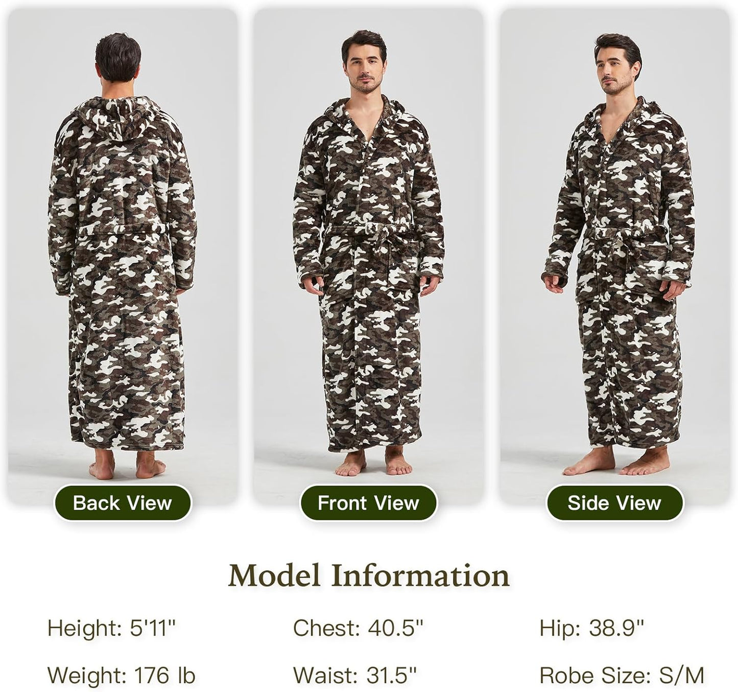 Morgenmantel Herren Camouflage, Fleece, warm, lang, mit Kapuze, S/M, bequem, modisch.