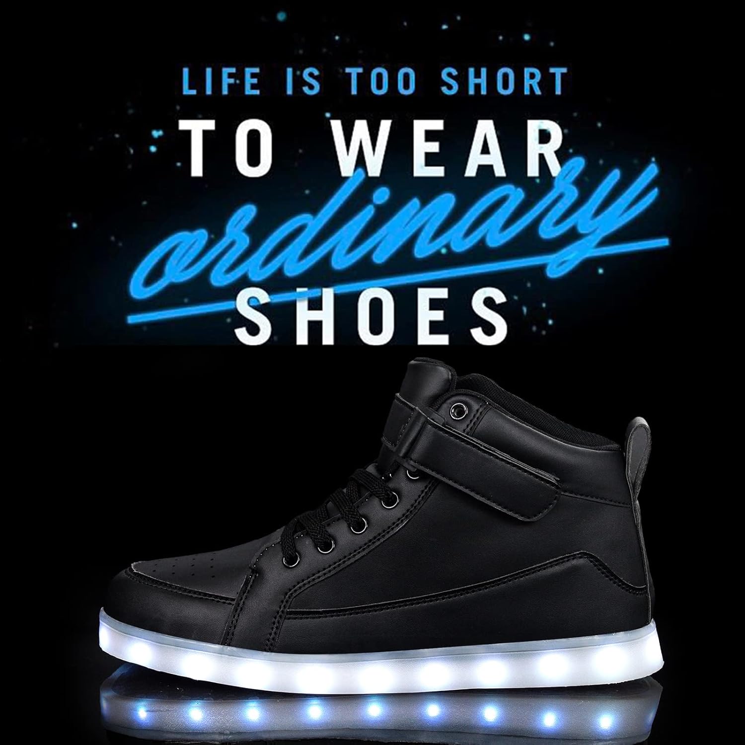 Schwarzer LED-Sneaker mit leuchtender Sohle, modisch, trendig, für Partys und Nachtaktivitäten.