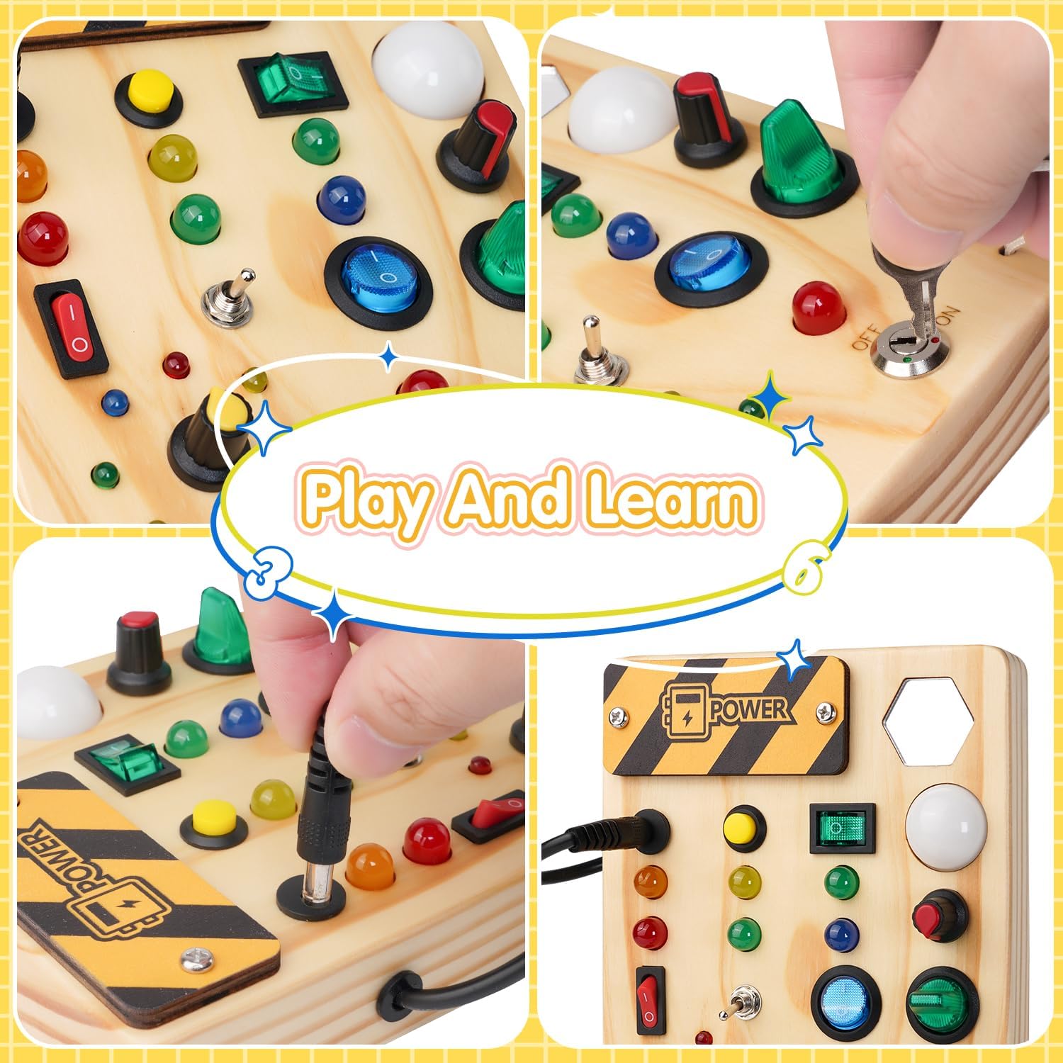 Holz Busyboard für Kinder, Lernspielzeug mit Schaltern, Knöpfen und Lichtern, Montessori-Stil.