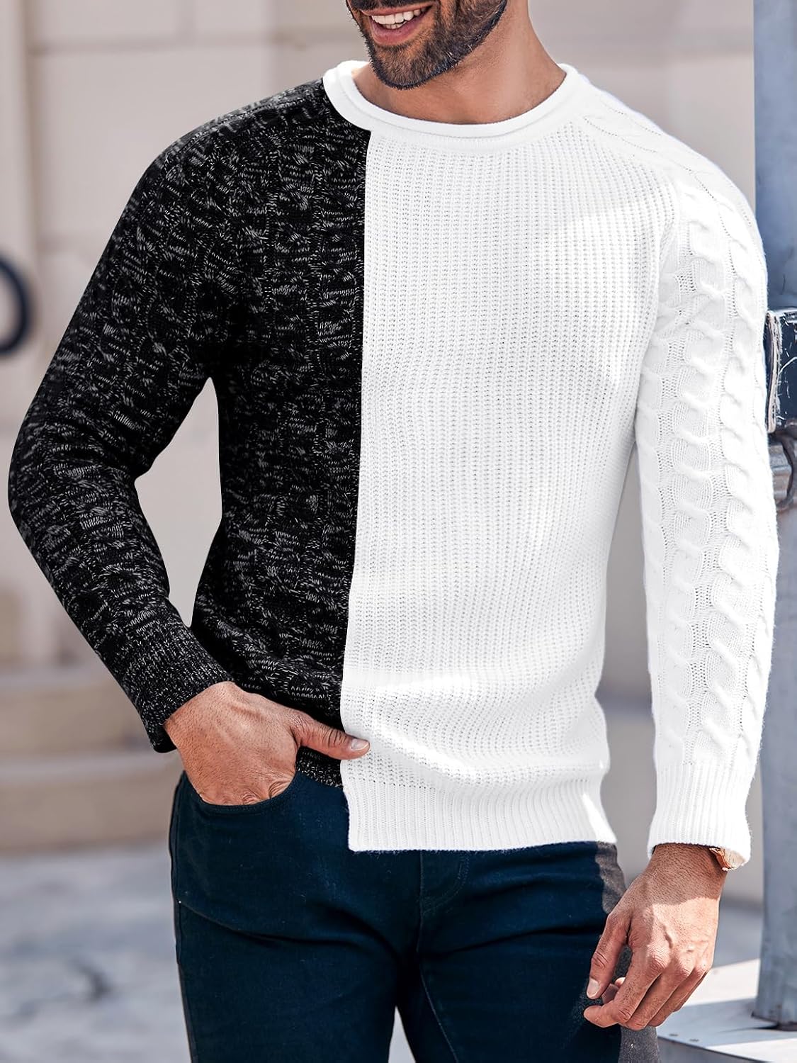Herrenpullover zweifarbig schwarz-weiß Strickmuster, modisch, langärmelig, Freizeitkleidung