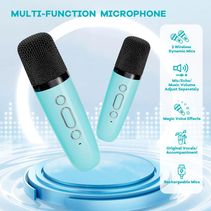 Bärbar mini-karaokemaskin med Bluetooth-högtalare och 2 trådlösa mikrofoner – Veylo