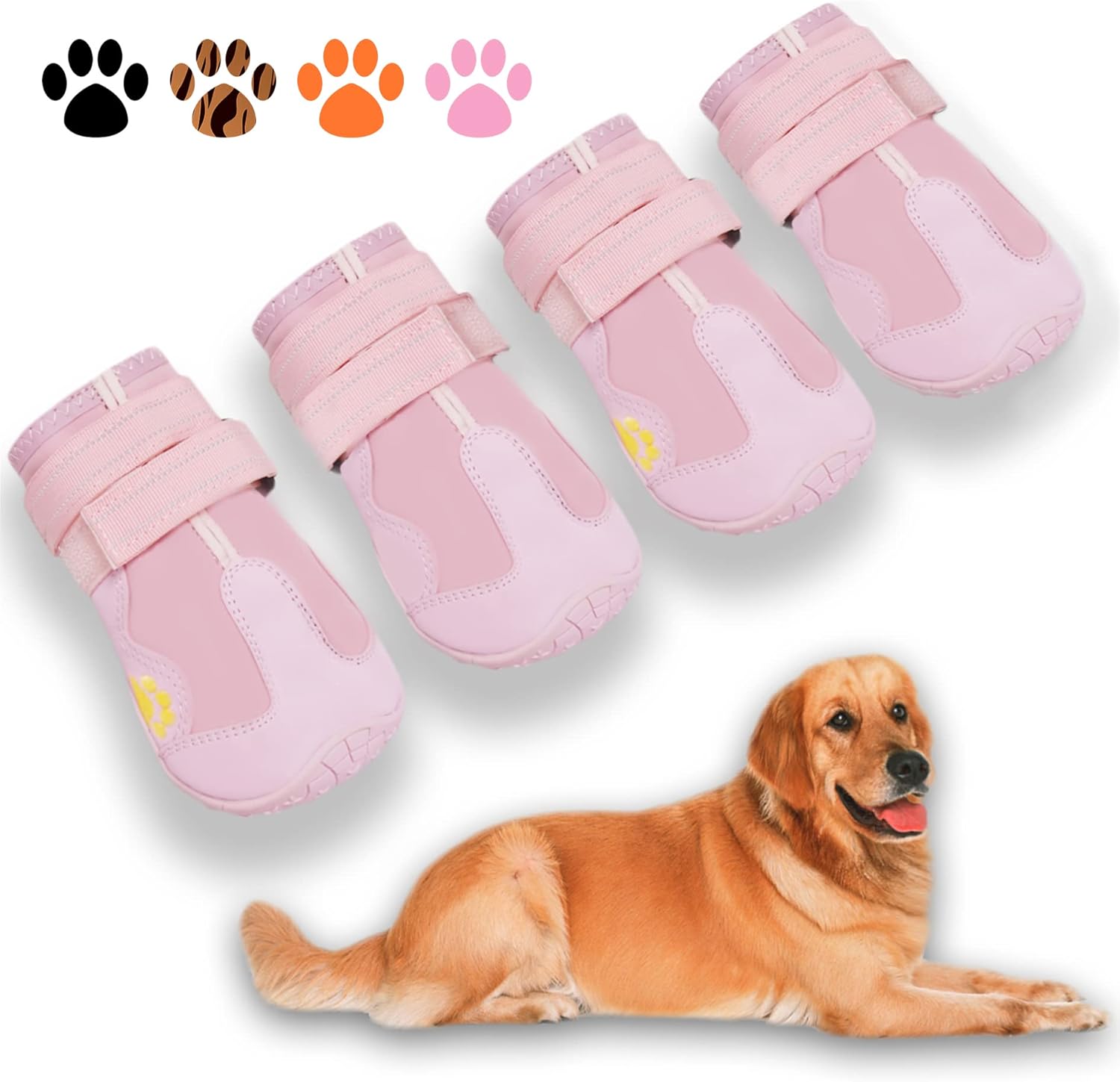 Vier rosa Hundeschuhe mit Klettverschluss, rutschfest, für mittelgroße Hunde.