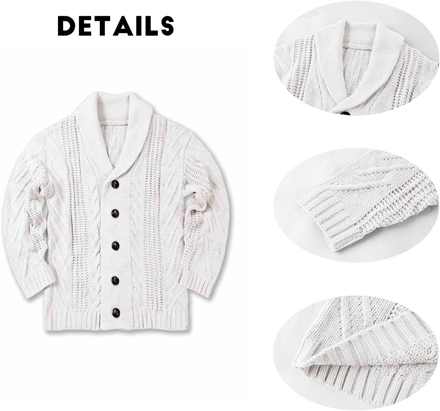 Weiße Strickjacke mit Schalkragen, Knöpfen, Zopfmuster, Baumwolle, Herrenmode.