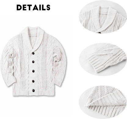 Weiße Strickjacke mit Schalkragen, Knöpfen, Zopfmuster, Baumwolle, Herrenmode.