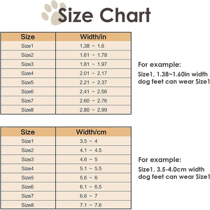 Größentabelle für Hundeschuhe, Größen 1-8, Breite in Zoll und cm, Beispielgrößen enthalten.