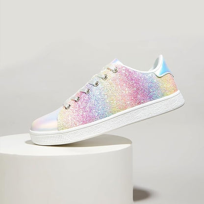 Bunte Glitzersneaker für Damen, Regenbogenfarben, modisch, Freizeitschuh, weißer Gummisohle.