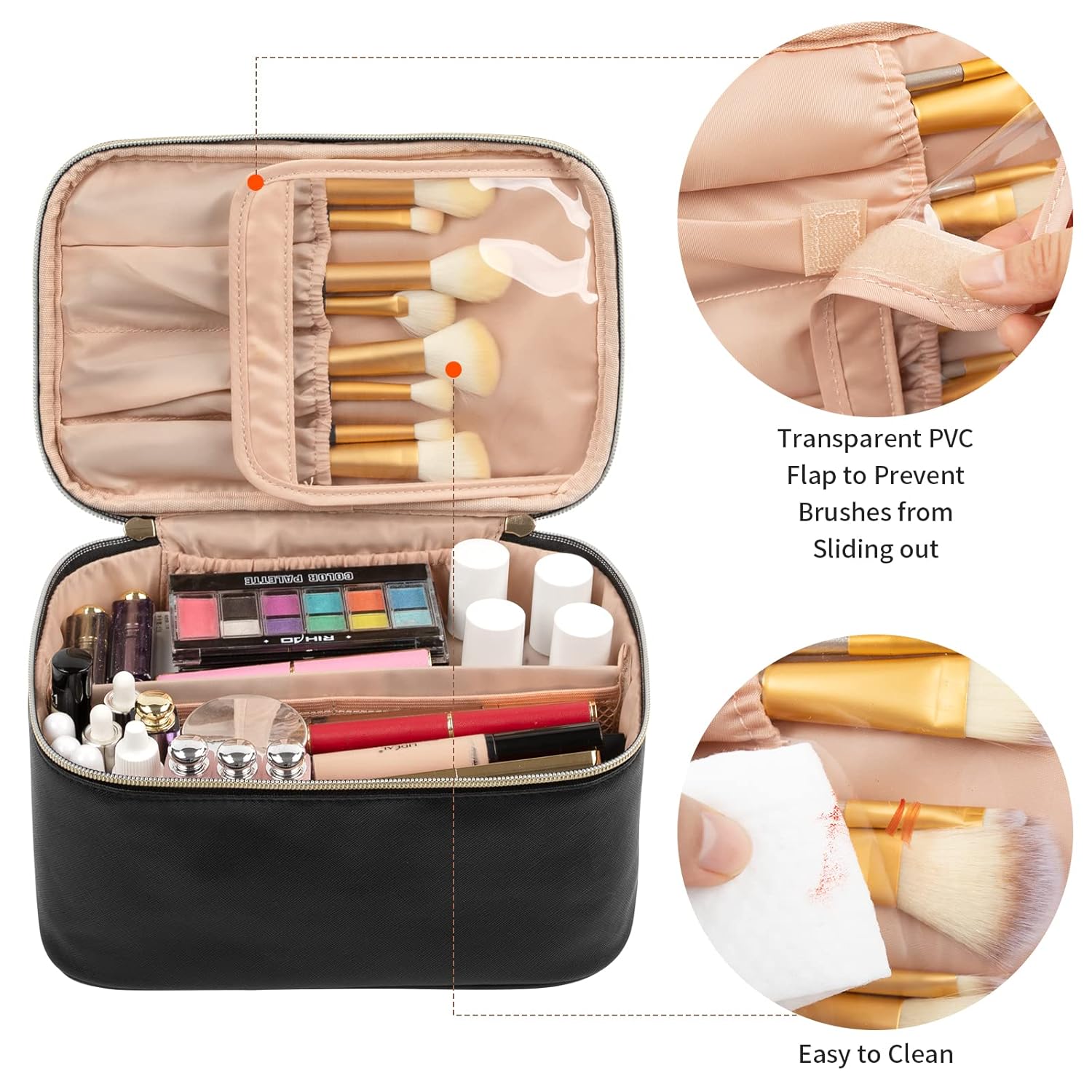 Schwarze Kosmetiktasche mit Pinseln, Make-up-Organizer, transparentes PVC-Fach, leicht zu reinigen.