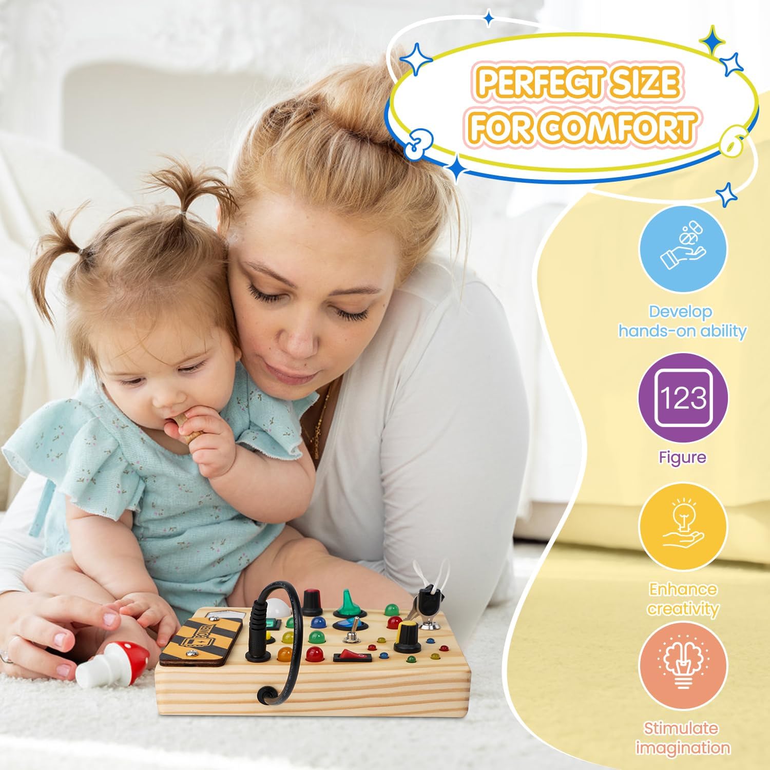 Mutter und Kind mit Montessori-Spielzeug aus Holz, Lernspielzeug, Förderung der Kreativität.
