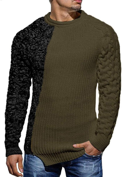 Herrenpullover zweifarbig, olivgrün und schwarz, Strickmuster, modisch, warm, Freizeitkleidung.