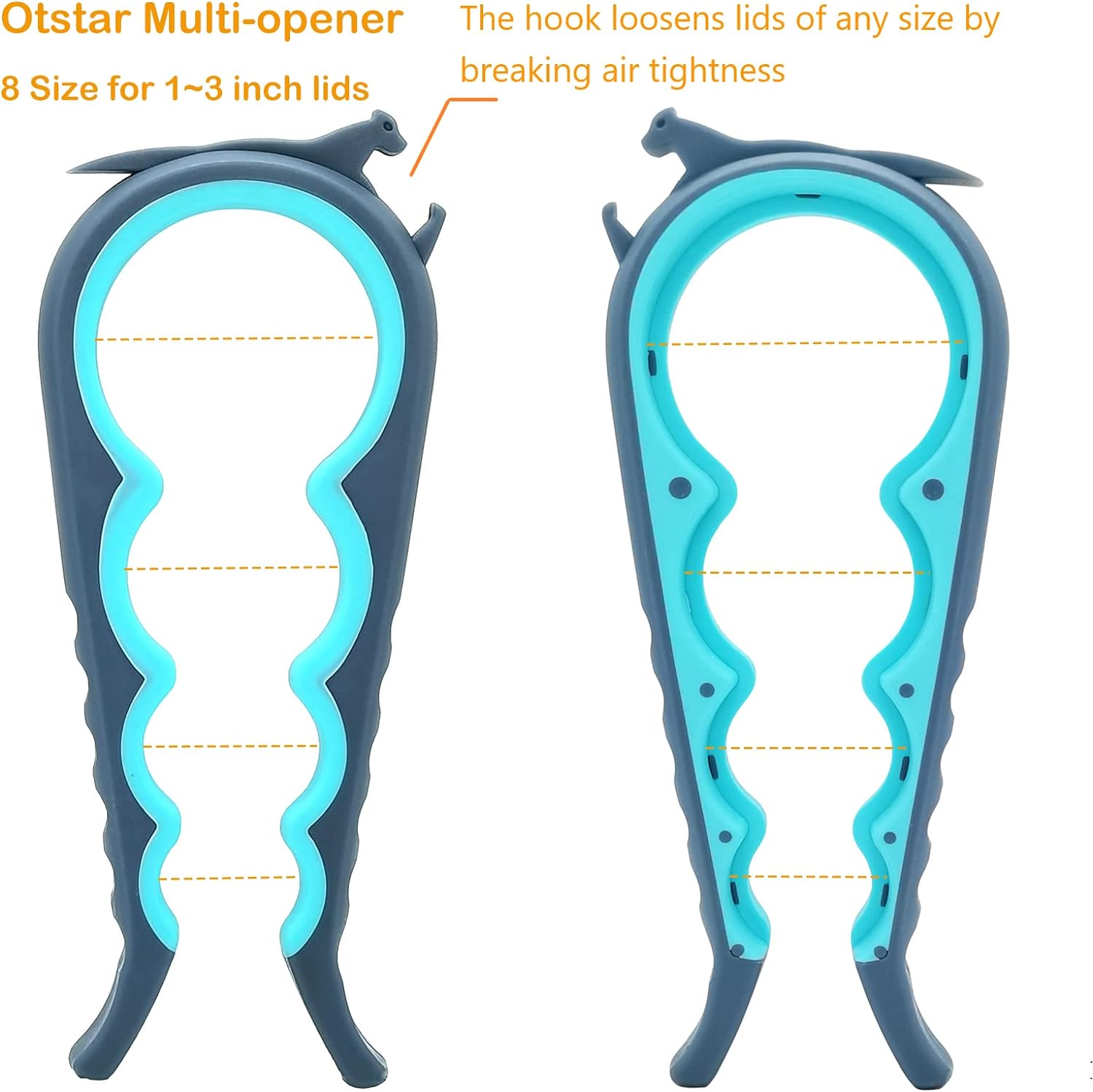 Blauer und grüner Otstar Multi-Öffner, rutschfest, für 1-3 Zoll Deckel, ergonomisches Design.