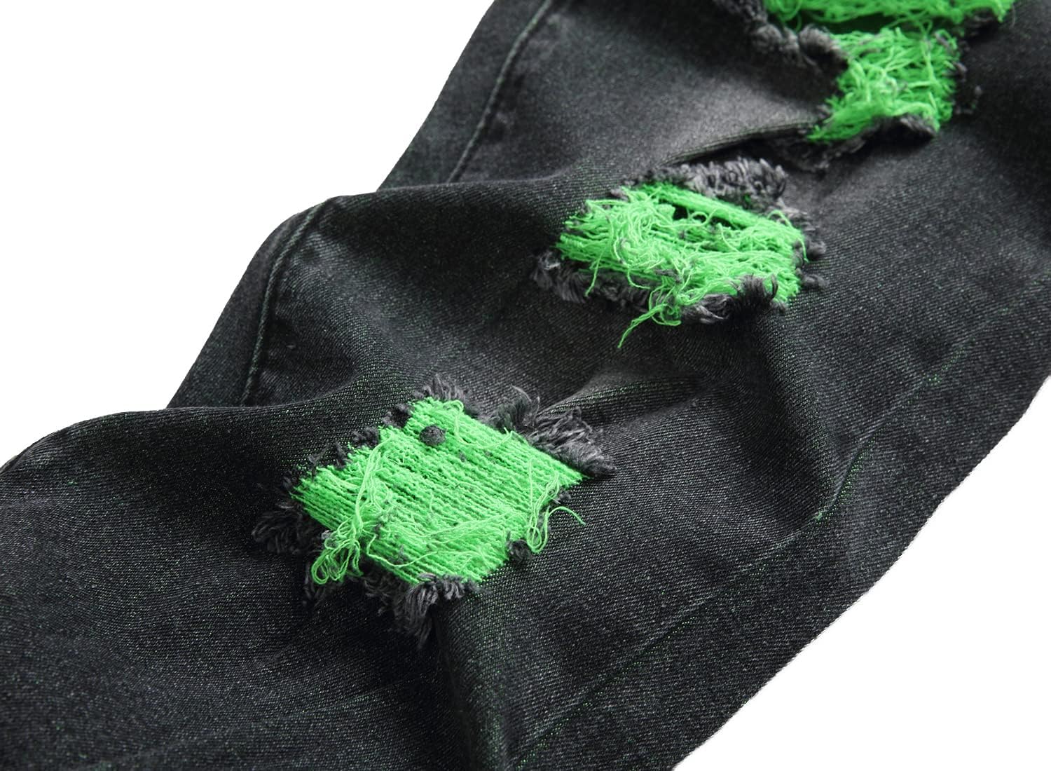 Schwarze Jeans mit grünen Flicken, zerrissen, modisch, Baumwolle, Unisex, Streetwear.