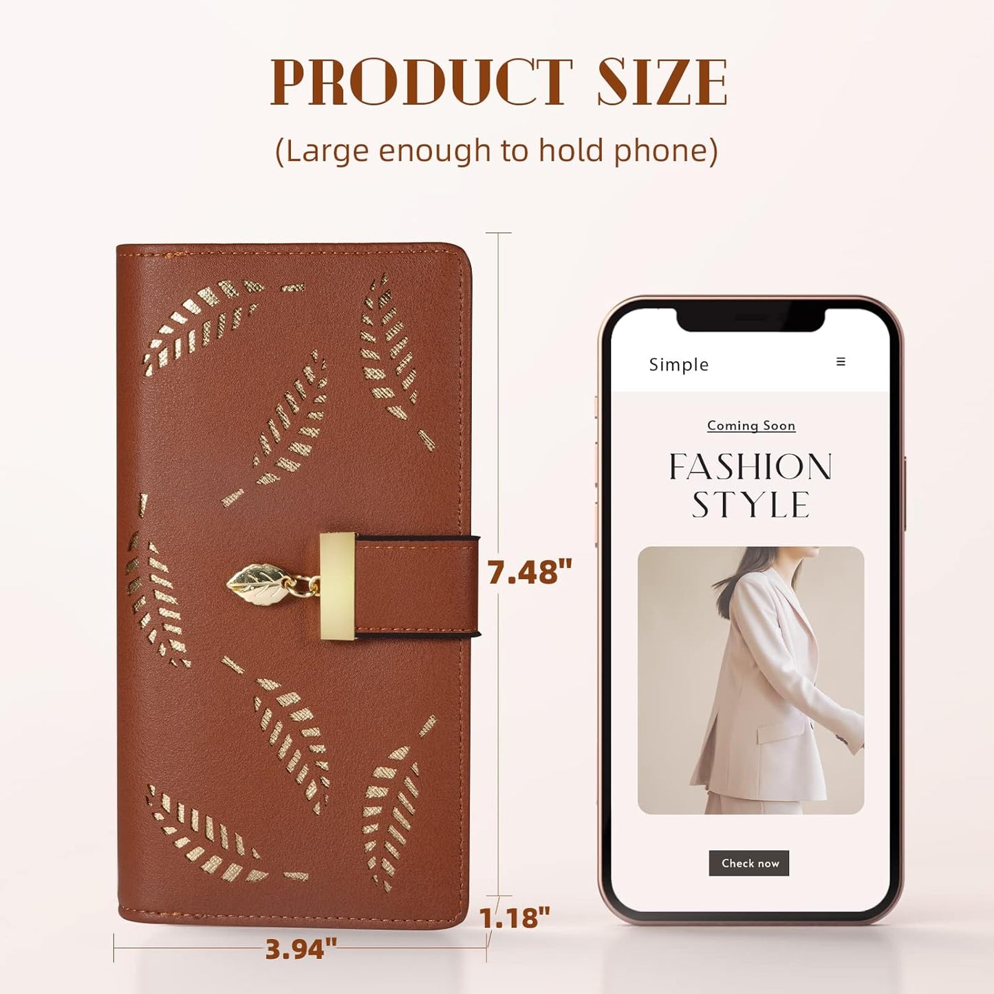 Braune Damen-Geldbörse aus Leder mit Blattmuster, passend für Smartphone, elegant und stilvoll.