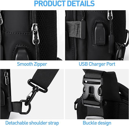 Schwarze Umhängetasche mit USB-Ladeanschluss, glattem Reißverschluss, abnehmbarem Schultergurt.
