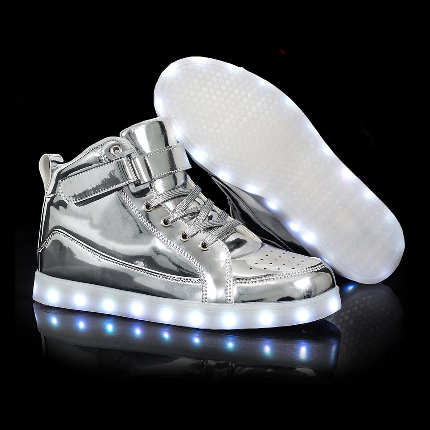 Silberne LED-Sneaker mit Leuchtsohle, modische High-Top-Schuhe für Partys und Events.