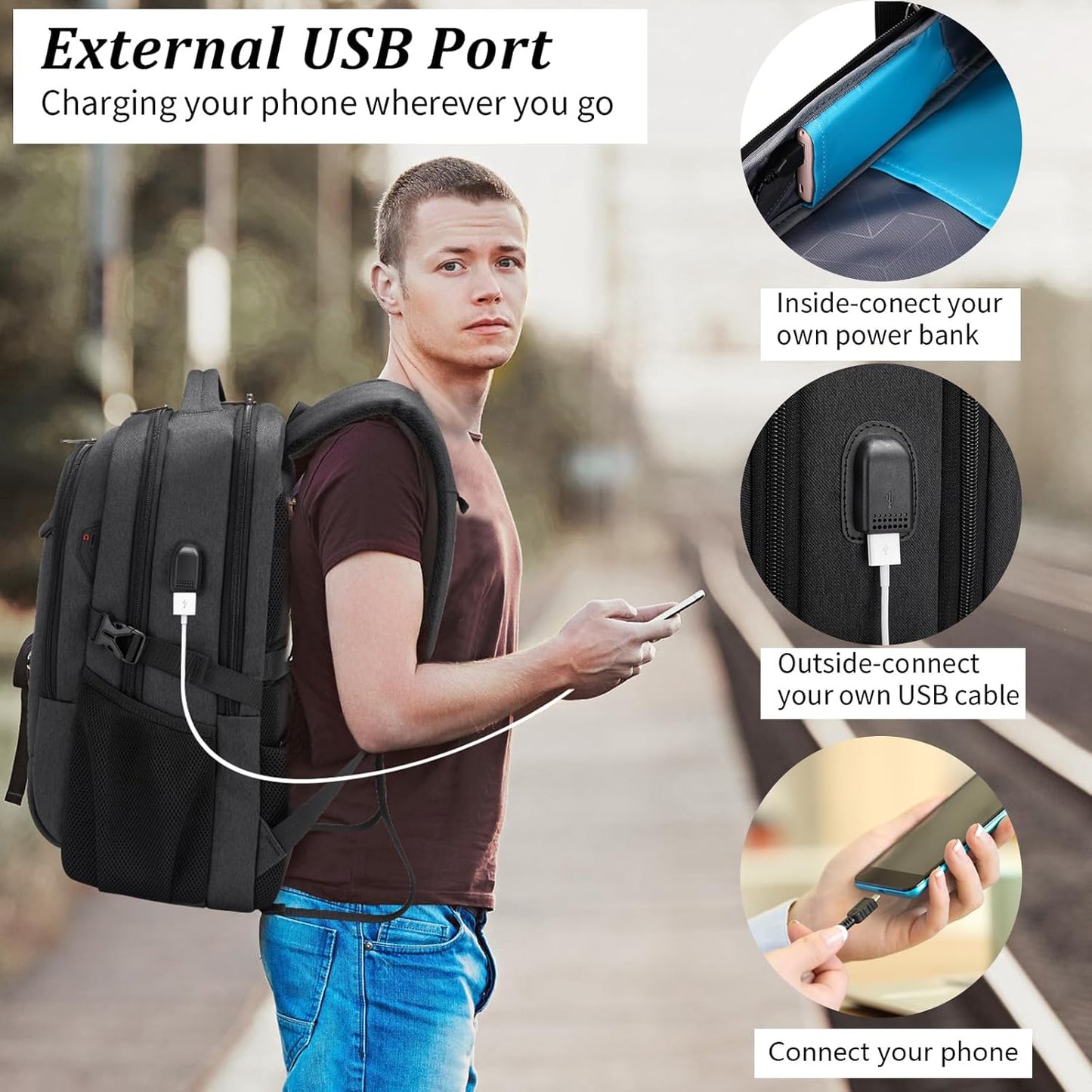 Vattentät reseryggsäck för laptop med USB-port och organiserad förvaring
