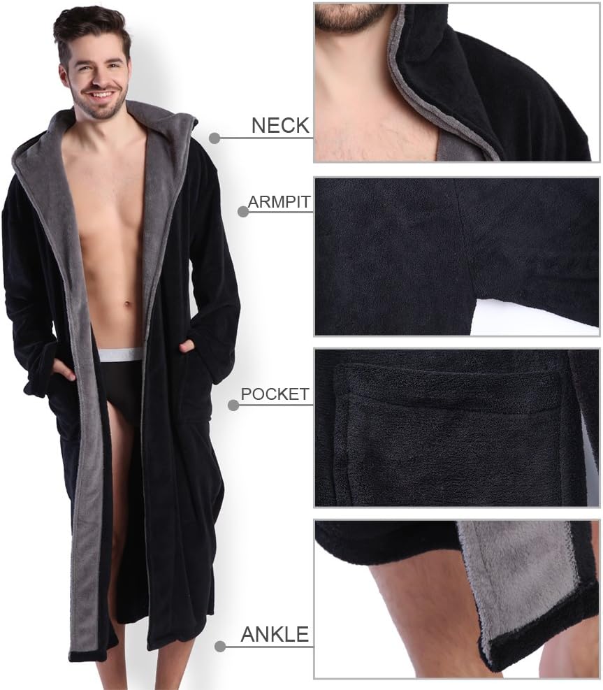 Schwarzer Herren-Bademantel mit Kapuze, Fleece, Taschen, weiches Material, gemütlich.