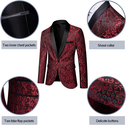 Roter Herren Smokingjacke mit schwarzem Schalkragen, florales Muster, elegante Knöpfe.