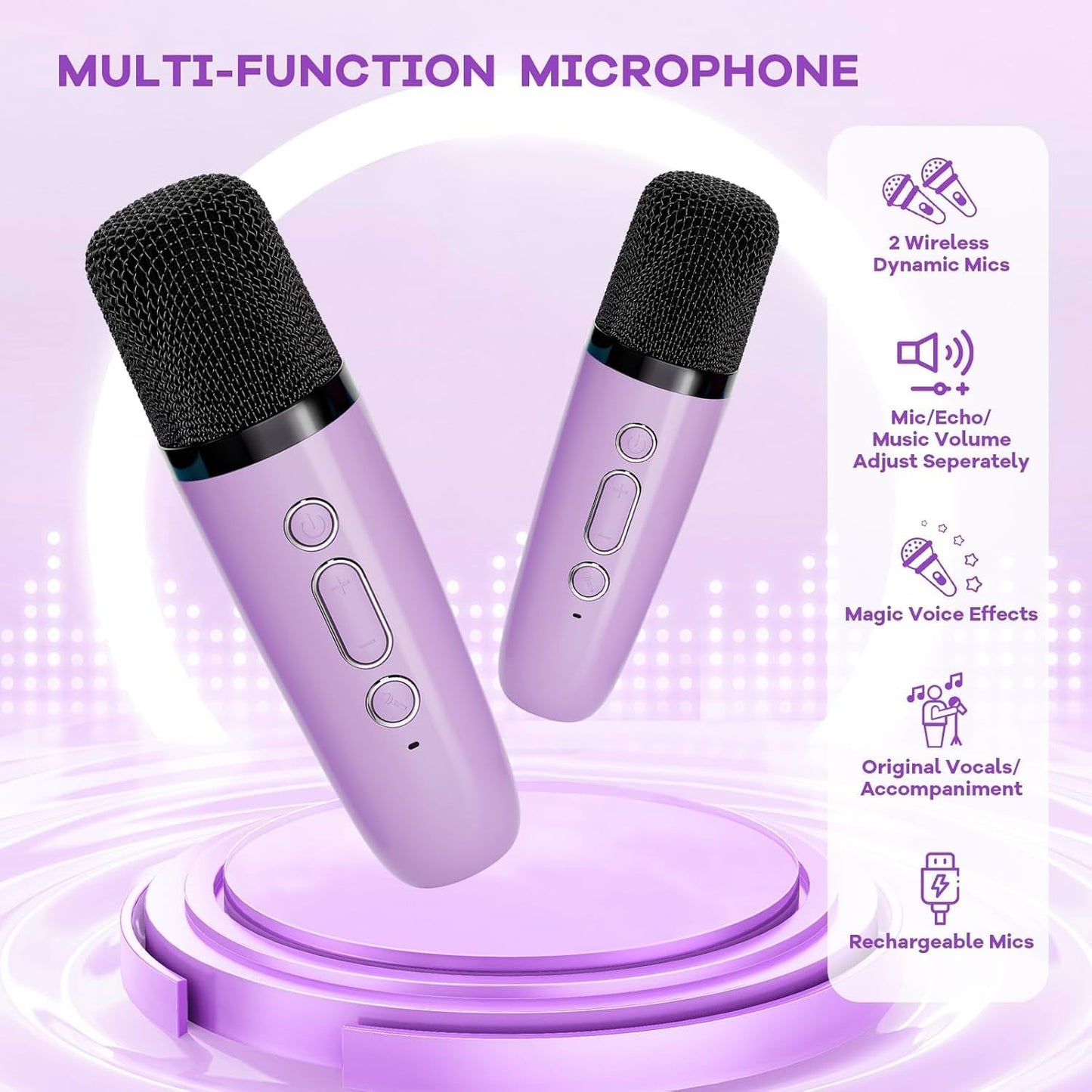 Bärbar mini-karaokemaskin med Bluetooth-högtalare och 2 trådlösa mikrofoner – Veylo
