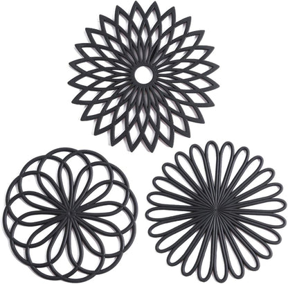 Schwarze Silikon-Untersetzer Set, hitzebeständig, rutschfest, geometrisches Design, 3 Stück