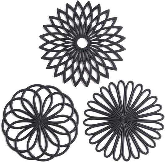 Schwarze Silikon-Untersetzer Set, hitzebeständig, rutschfest, geometrisches Design, 3 Stück