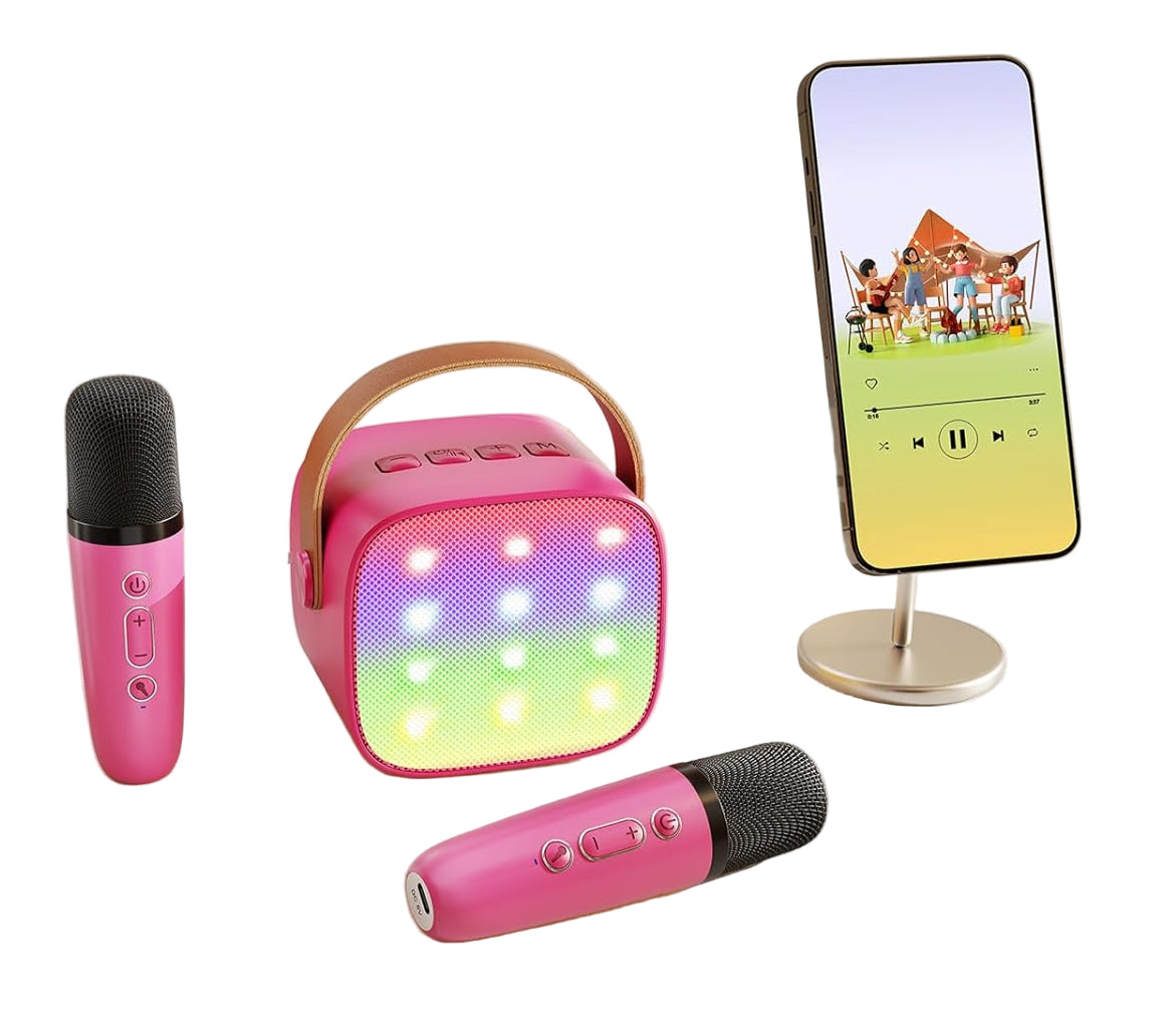Bärbar mini-karaokemaskin med Bluetooth-högtalare och 2 trådlösa mikrofoner – Veylo