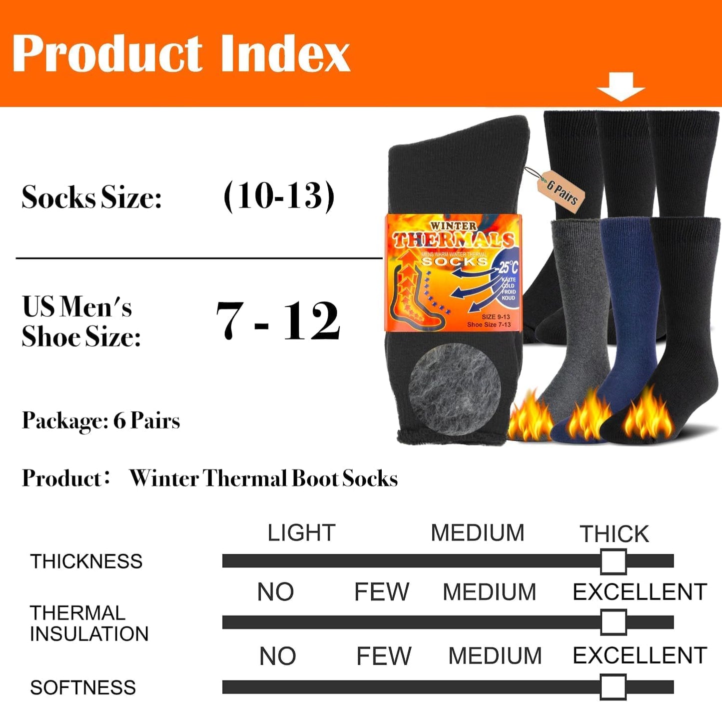 Winter Thermals Socken, 6er-Pack, schwarz, warm, dick, für Herren, Größe 7-12, Thermosocken.