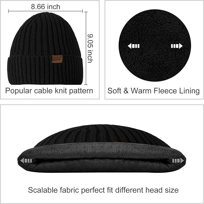 Schwarze Strickmütze mit Fleecefutter, warm, dehnbar, Unisex, Winteraccessoire.