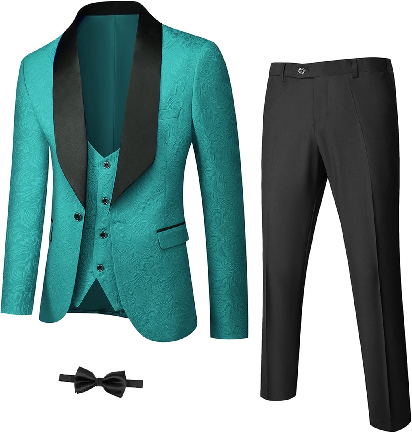 Türkiser Anzug mit schwarzem Revers, Weste, Hose und Fliege, Herrenmode, festlich, elegant.