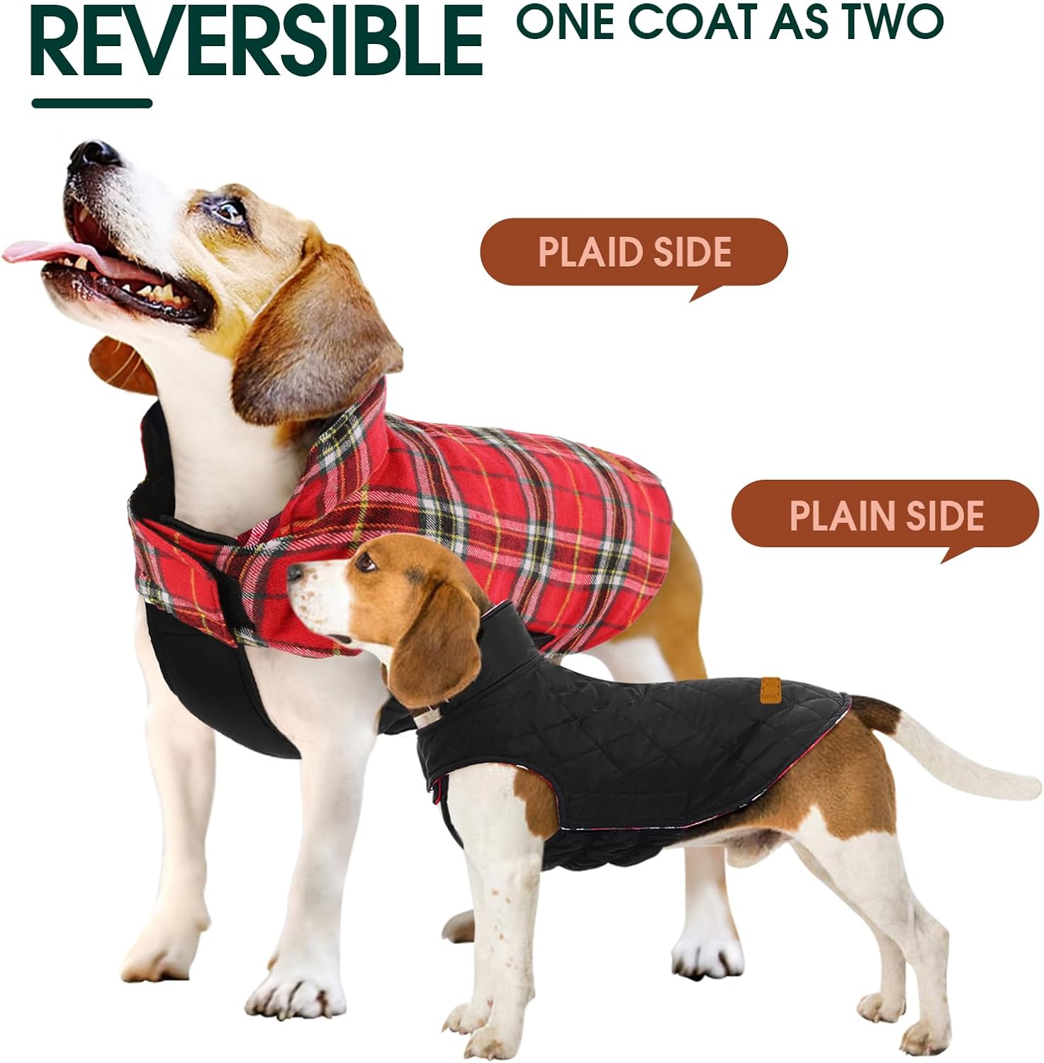 Wendbare Hundejacke, rot kariert und schwarz, warm, wasserdicht, für kleine bis mittelgroße Hunde.