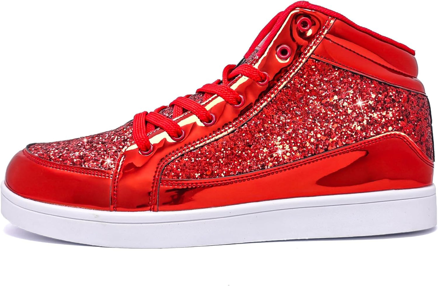 Roter Glitzer-Sneaker, High-Top, glänzend, modisch, Freizeitschuh, Damen, Herren.